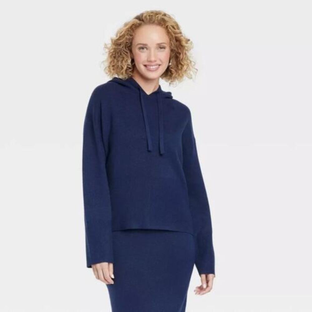 A New Day Women's Cozy Knit Hoodie Drawstrings Sweatshirt Navy‎ Blue Size Large